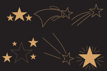 Beautiful stars on a dark background. Falling gold stars vector set Icons of meteorites and comets - vector. Meteorites and comets collection.