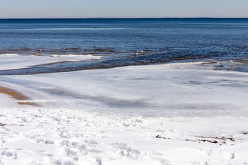 view of the chesapeake bay from a snowy beach in southern maryland calvert county chesapeake beach  - obrazy, fototapety, plakaty