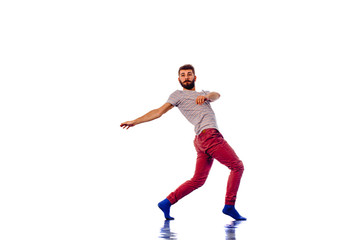 Fototapeta na wymiar Excited man stretching before dancing