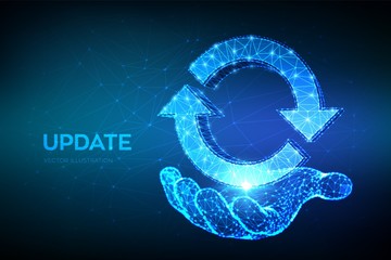 Update or Synchronization icon. Low poly abstract update or sync sign in hand. Processing concept. Can be used for topics like refresh, recycling, reload. 3D polygonal vector illustration.
