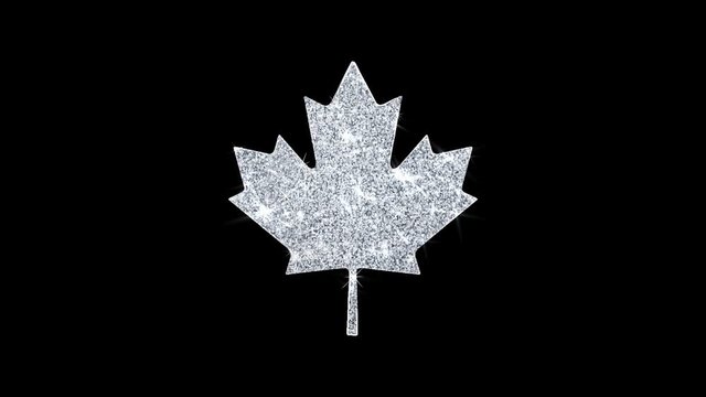 Canadian Maple Leaf Icon Sparkling Shining White Blinking Particles Diamond Glitter Loop Light 4K Animation Alpha Channel.