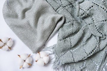 hand-knitted hat and lace snood