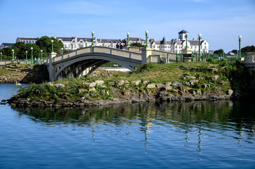 Amazing views of the Venetian bridge, the 'white bridge' spanning the marine lake, in Southport , England.