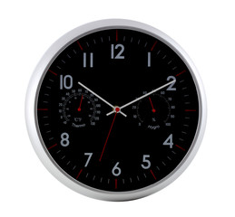 A metal clock with a stopwatch determines both the clock and the time. The clock is isolated on a white background.