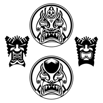 Hand drawn totem face, statue, idol Polynesian symbol set. Ancient tribal,eps 10