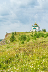 Landscape with Kazan church on the mountain, Russia, Ural mountains