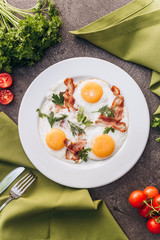 Perfect breakfast with bacon and eggs in the morning.