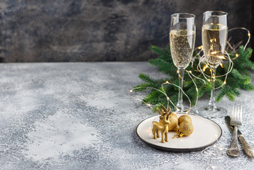 Festive place setting for christmas dinner. Top view. Copy space.