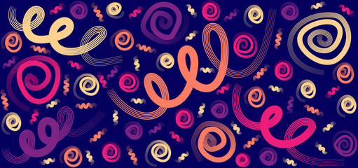 Bright abstract background, summer print, doodle lines, circles.