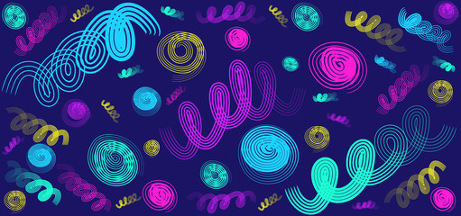 Bright abstract background, summer print, doodle lines, circles.