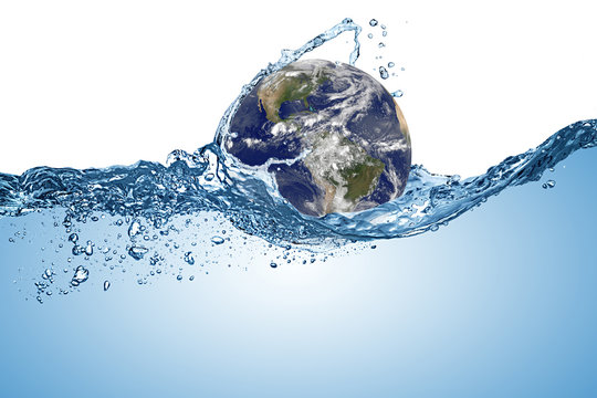 Planet Earth Globe In Wave Of Water In The Ocean. Climate Change Global Warming Concept Isolated White Background. Elements Of This Image Furnished By NASA