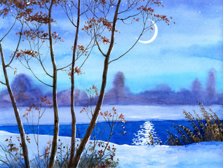 Crescent over the winter river. Watercolour sketch