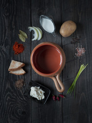 Ingredients for soup made from sheep cheese. Traditional Slovak food. Recipe. Overhead shot. 