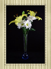 Daisies and Lillies in Blue Vase