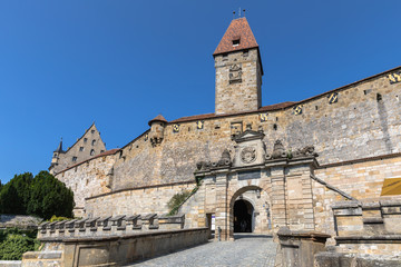 Fototapeta na wymiar View of the Bulgarian Tower (gate tower) of the Veste Coburg (Coburg Fortress) in Coburg, Bavaria