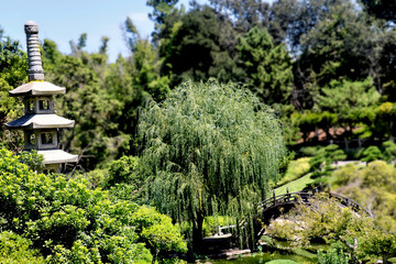 Stone Pagoda in a green, Japanese garden