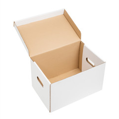 White archive cardboard box with open lid. White open archive carton box isolated on a white background. High angle view