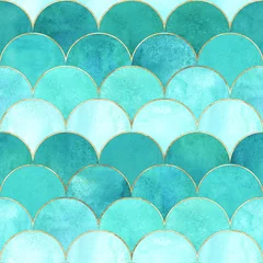 Stickers pour porte Turquoise Modèle sans couture japonais de vague d& 39 échelle de poisson de sirène