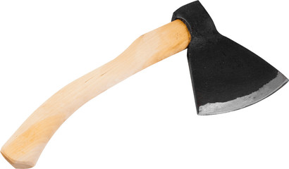 New small hand axe with wooden handle isolated on white background with clipping paths