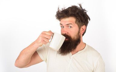 Morning refreshment and drink. Refreshment and energy. Bearded man with white coffee cup. Tired sleepy man with beverage in cup. Handsome bearded young man drinking coffee or tea. Breakfast concept.