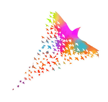 Multi-colored birds. Abstract bird mosaic. A flock of flying rainbow birds. Vector illustration