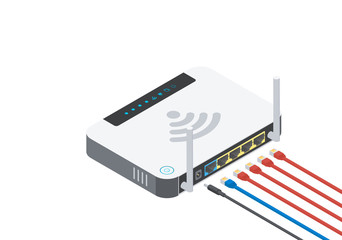 Isometric wireless router with two antennas, power button and data connectors isolated on white background. Wi-fi icon, high-speed internet connection.