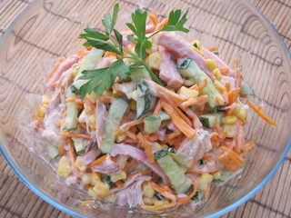 tender salad with ham cucumber carrot corn home-made