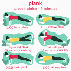 Workout abs in 5 minutes - girls do exercises - vector. Healthy lifestyle. Pilates. Fitness. Yoga. Aerobics.