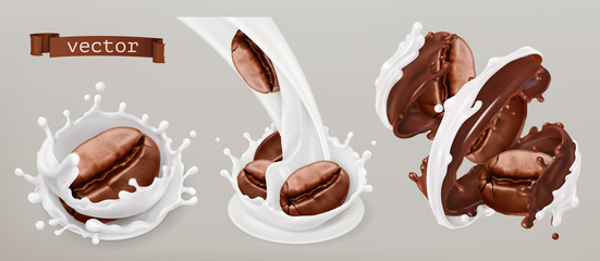Coffee beans and milk splashes. 3d vector realistic set