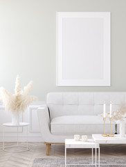 Mock up poster frame in home interior background, Modern style living room, 3D render