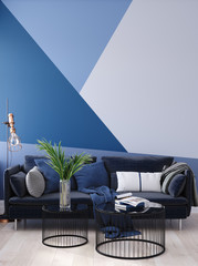 Luxury modern blue living room interior with geometric form patterned wall, dark blue sofa, floor lamp and coffee table , 3d render