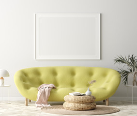 Mock up poster frame in hipster home interior background, 3d render