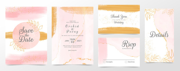 Rose gold wedding invitation cards template set. Abstract watercolor background of pink brush stroke splash;