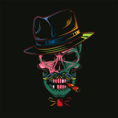 Original vector illustration in comic style, skull gangster in hat and cigar in teeth