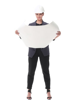 recommend clip art: businesswoman in a protective helmet looking at the drawings of the new project.