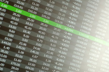 Fototapeta premium Safe investment in stock market crash, concept. Negative prices across the board and a single winning stock in green.