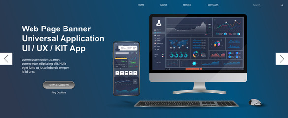 Adapted Application - data analysis,management app, analysis data and Investment for Computer and smartphone. Business app with  graph and analytics. Web page banner for presentation. Vector image
