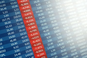 Fototapeta premium Stock market crash, panic. Computer screen showing red negative numbers across the board.