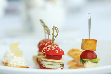 Сanape on skewer of tomatoes, cucumbers and meat