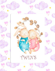 Cute watercolor Twins Bunny birthday greeting cards,posters for baby room, baby shower, greeting card, kids and baby t-shirts and wear. Hand drawn nursery illustration. Funny animal and pink sky