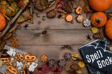Halloween candy bar. High angle view of various decorated treats for Halloween celebration.