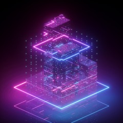 3d render, neon abstract background, geometric cubic shapes in ultraviolet, virtual blueprint, pink blue glowing light, glitch effect, cybernetic system, futuristic computing technology