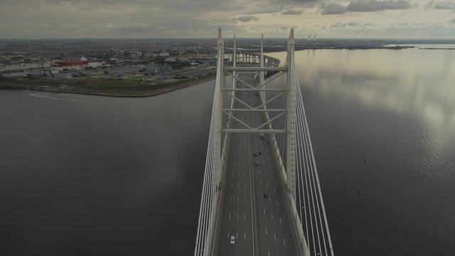 Aerial view fly around Cable bridge in Saint- Petersburg