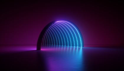 Obraz premium abstrakcyjne minimalne tło ultrafioletowe, renderowanie 3d kształtu geometrycznego, okrągły łuk, tunel, korytarz, niebieska dioda led, światło neonowe, scenografia, odbicie podłogi