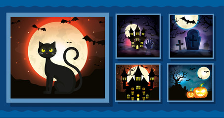 set cards with halloween scenes