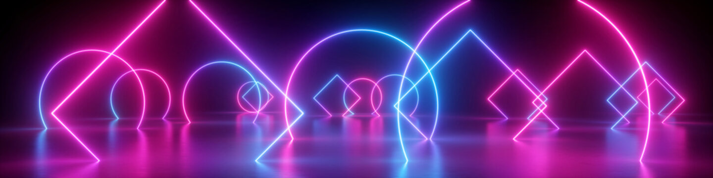 3d render, abstract neon panoramic background, geometric shapes, glowing lines, ultraviolet light