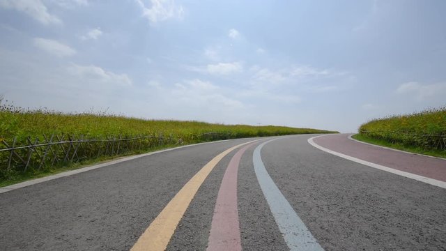 Commercial airplane flying above a greenway road and yellow flowers field in Chengdu, Sichuan province, China