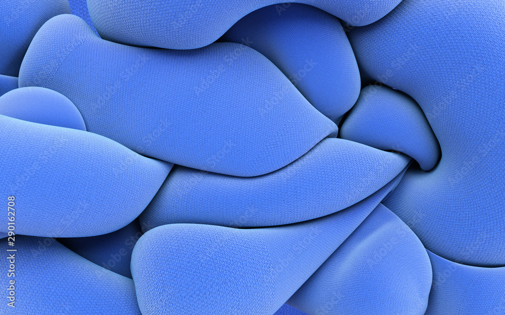 Fototapete 3d abstract shapes rendering illustration. Blue compressed abstraction. Trendy computer graphics with bright vivid colors. Textured fabric look.