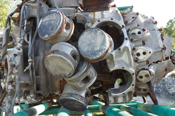 old  rusty broken aircraft engine, piston mechanism