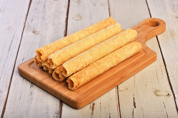 Handmade egg rolls on the wooden board